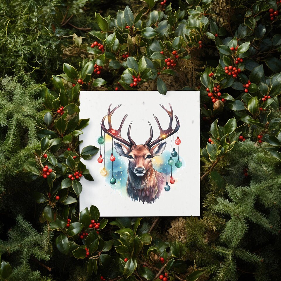 image 1 of Christmas Lights Stag - Plantable Wildflower Seed Christmas Cards - 5 Pack