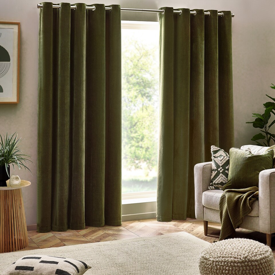 image 1 of Heavy Chenille Blackout Eyelet Curtain Pair | Green | Olive | 2