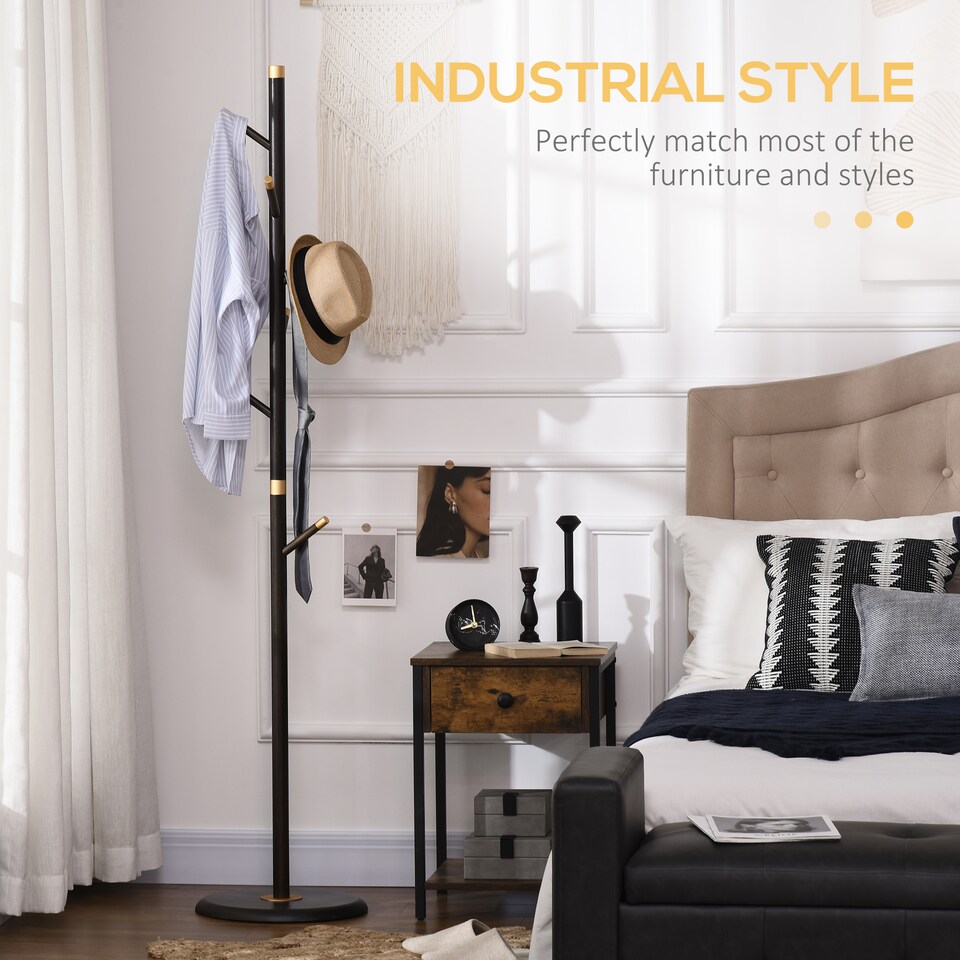 image 1 of HOMCOM Coat Rack, Freestanding Coat Stand with 6 Hooks and Bamboo Frame for Entryway, Hallway, Bedroom, Living Room, Walnut