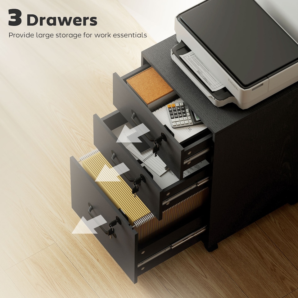 image 1 of HOMCOM Mobile Filing Cabinet with 3 Drawers and Wheels, Lockable Rolling Under Desk Drawers for A4 and Letter Sized Hanging File Holders, Printer Stand for Home Office, Black | Black | Black