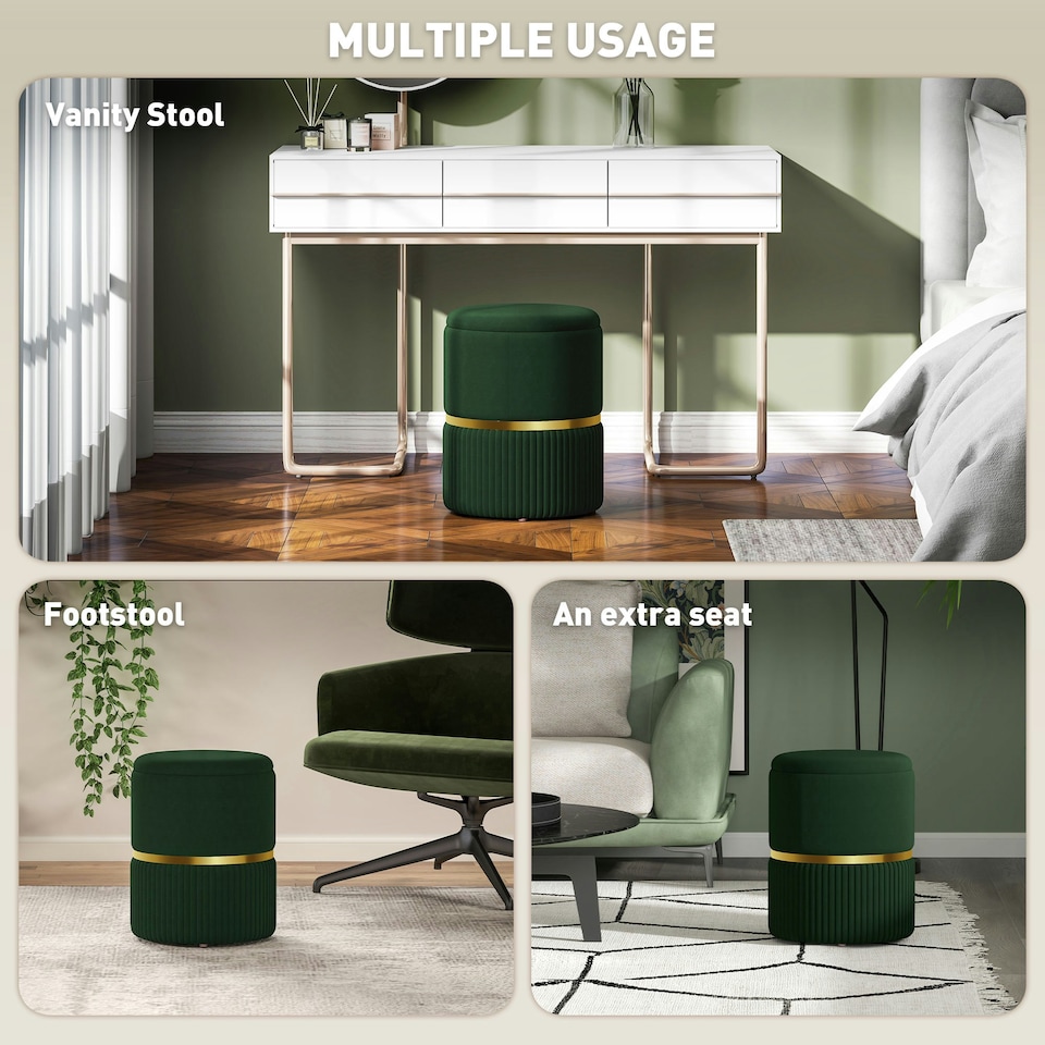 image 1 of HOMCOM Round Pouffe, Storage Footstool with Cushioned Top, Dark Green Green