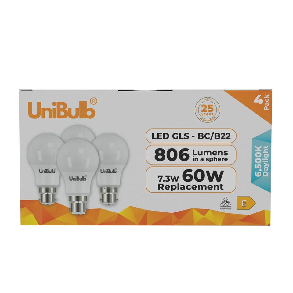 image 1 of UniBulb LED GLS B22 806lm 7.3W 6500K (Daylight) Light Bulb - Pack of 4