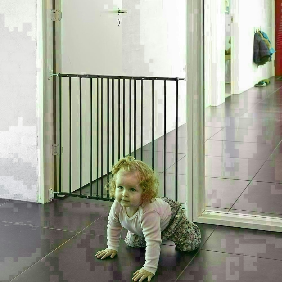 image 1 of Safetots Top of The Stairs Screw Fitted Stair Gate, Black Metal, 62.5cm - 106.8cm, Metal Baby Gate, Screw Fit Safety Barrier, Stylish and Practical Safety Gate