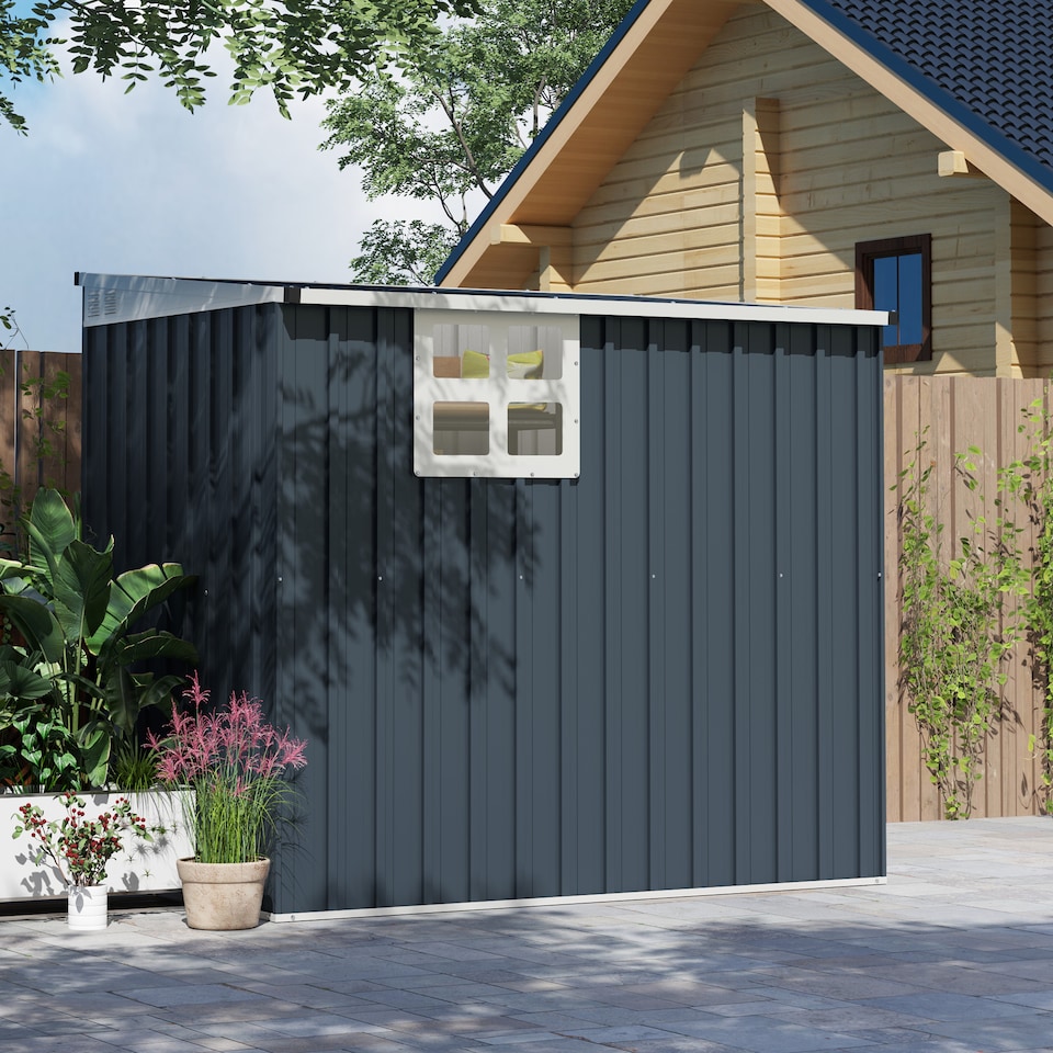 image 1 of Outsunny 4 x 6ft Outdoor Garden Storage Shed, Metal Shed with Window, 2 Vents and Lockable Door for Garden, Patio, Dark Grey | Grey