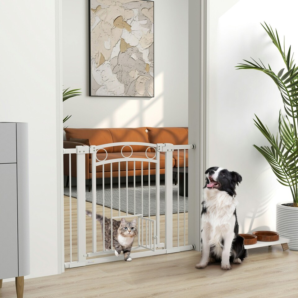 image 1 of PawHut Stair Gate with Cat Door, Adjustable Width, 76-104cm and 77cm Tall