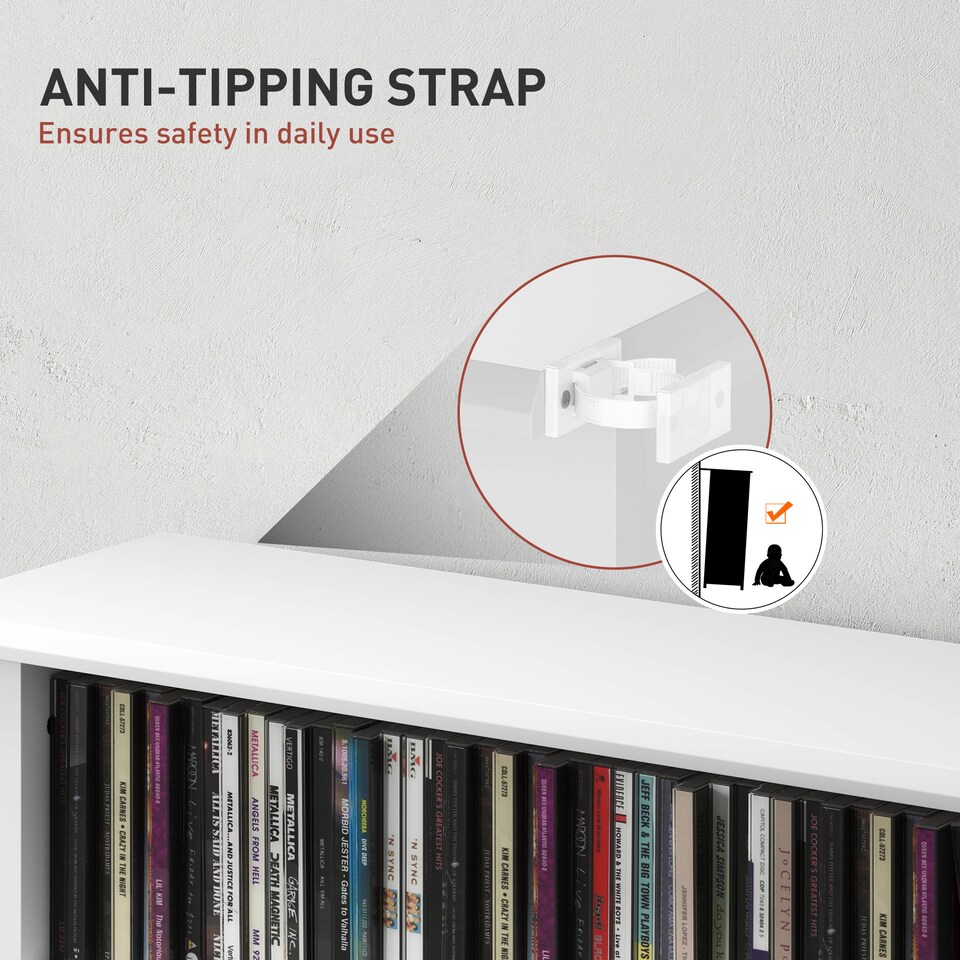 image 1 of HOMCOM 360 CD185 DVD Storage Unit, 185 Blu-ray Media Storage Shelf with 8 Compartments and 6 Adjustable Shelves, CD Tower for Living Room, Bedroom, Office, White | White