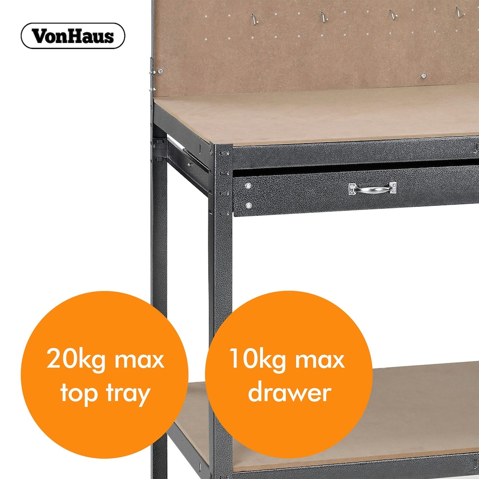 image 1 of VonHaus Garage Work Bench with Pegboard and Storage Drawer