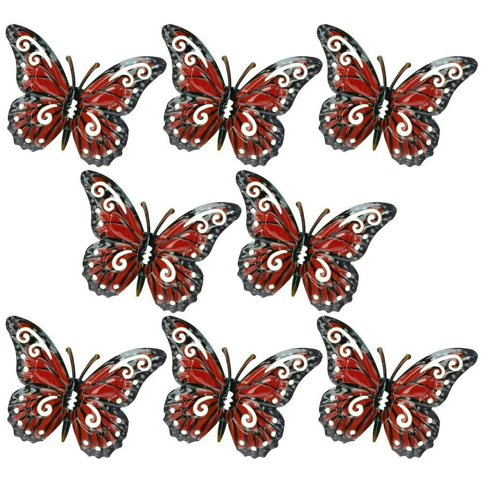 image 1 of Set of 8 Red Small Metal Butterflies Garden/Home Wall Art Ornament