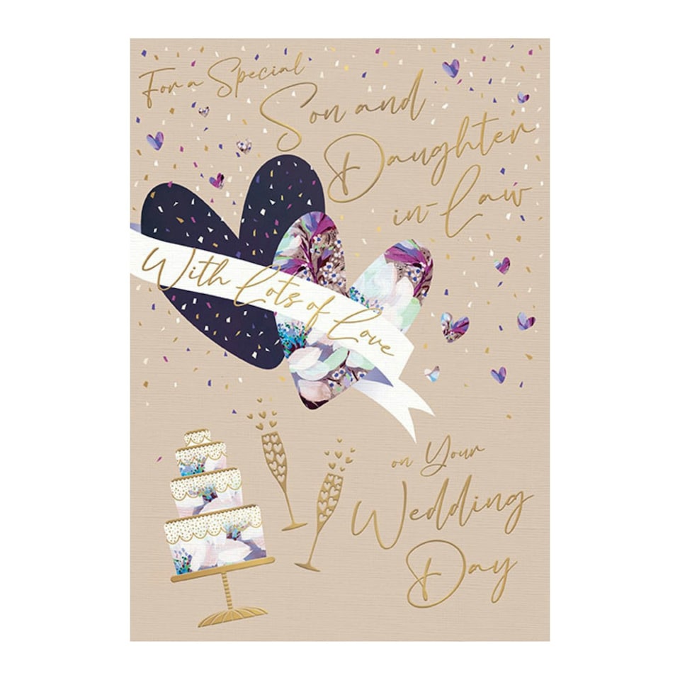 image 1 of Words 'n' Wishes Special Son and Daughter in Law Wedding Congratulations Card - 'Lots of Love' Floral Heart and Confetti Design