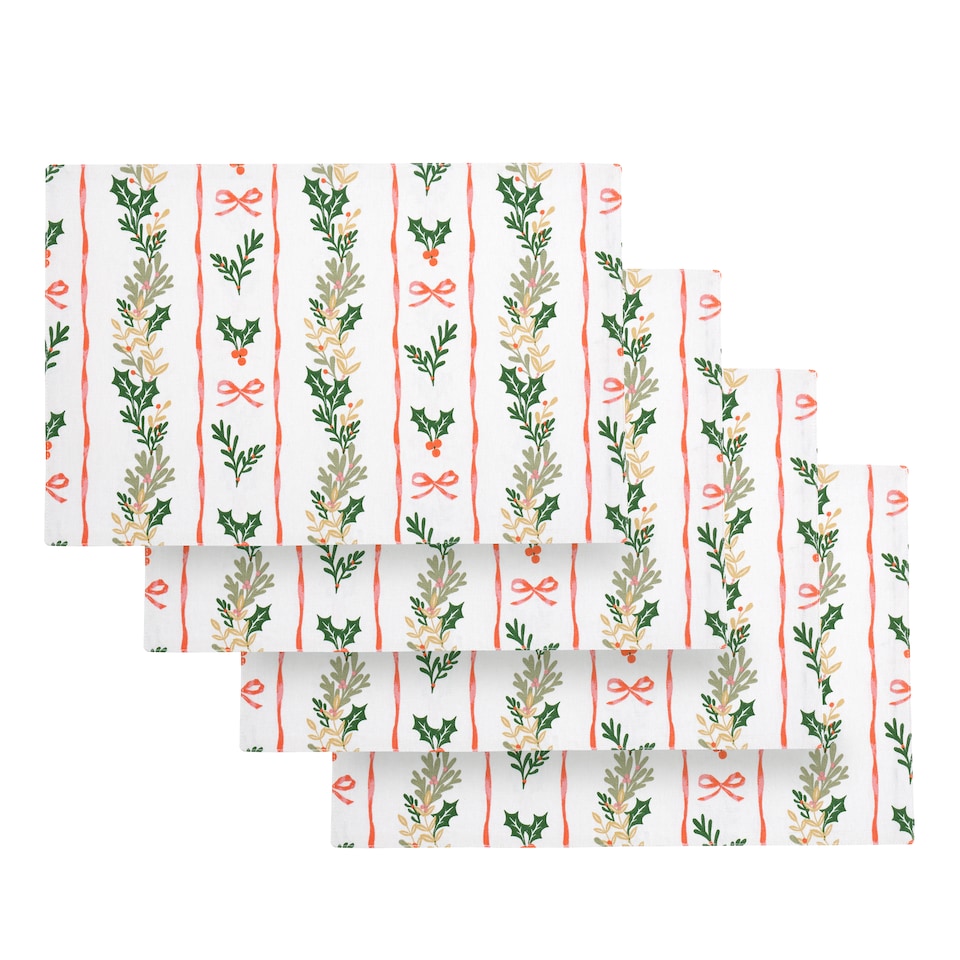 image 1 of Catherine Lansfield Christmas Holly Stripe Cotton Dining Placemat 4 Pack