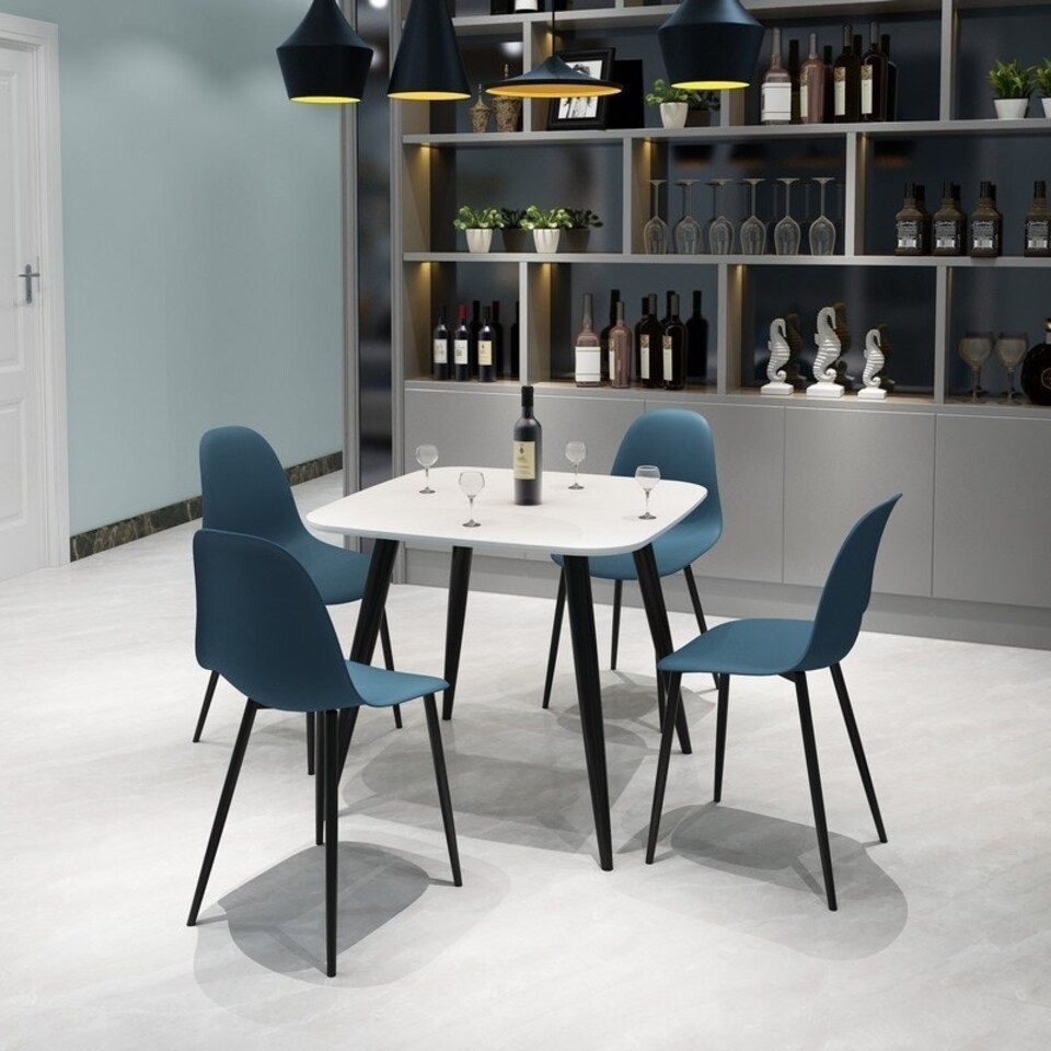 image 1 of Aspen Tapered Legs Square Dining Table and 4 Curve Plastic Seat Chairs with Metal Legs - Black/Blue/White - Flat Packed White
