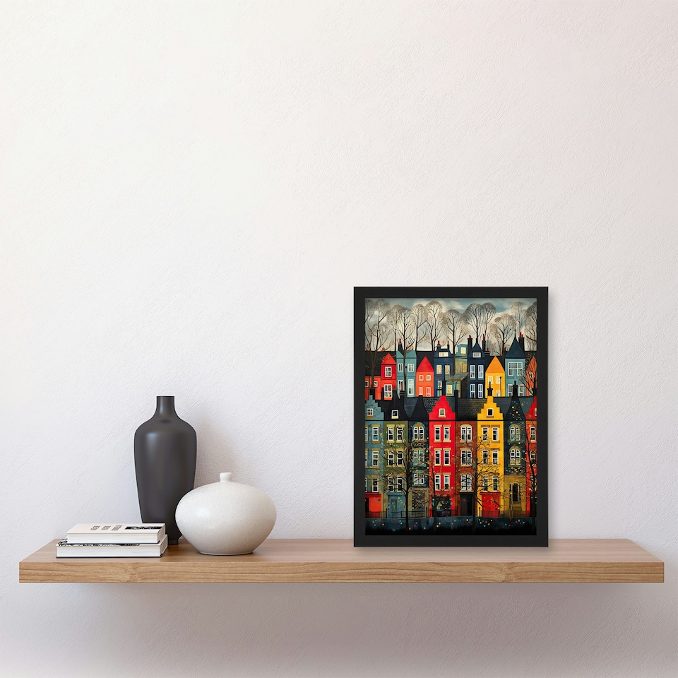 image 1 of Townhouse Row Bright Coloured Streets City Black Framed Wall Art Print A4