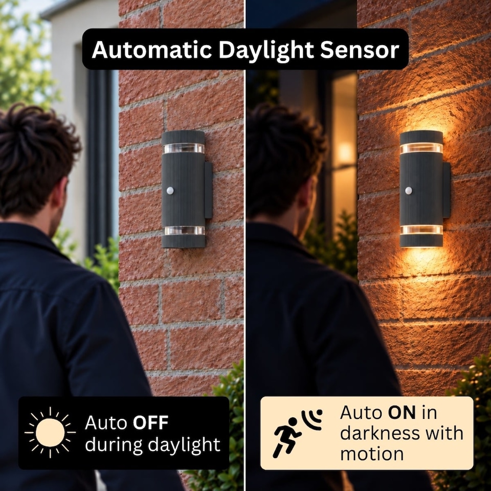 image 1 of Auraglow PIR Motion Sensor Double Up & Down Wall Light - FLORENCE | Black | Black/Cool White