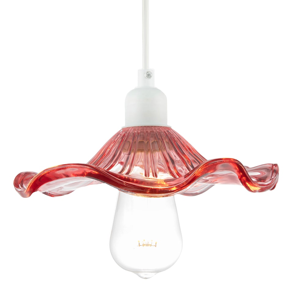 image 1 of Designer Ribbed Rose Pink Glass Pendant Shade with Wavy Ruffled Edge