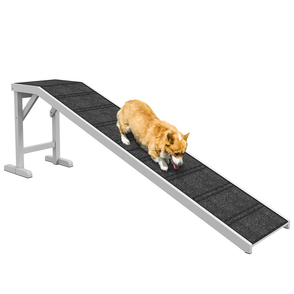 image 1 of PawHut Dog Ramp for Bed, Pet Ramp for Dogs with Non-Slip Carpet and Top Platform, White & Grey
