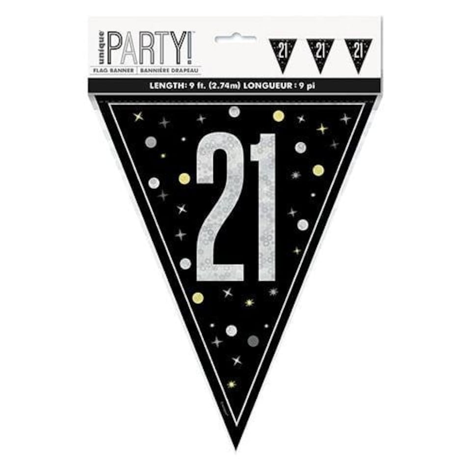 image 1 of Black Glitz Age 21 Holographic Foil Pennant Bunting 274cm