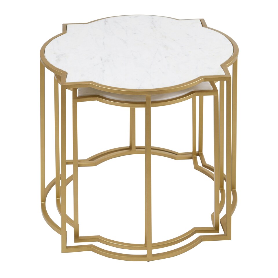 image 1 of Interiors by Premier Set Of 2 Tables With Quatrefoil Top, Brass Finish Bedside Table, Sleek Gold Metallic Nesting Table White