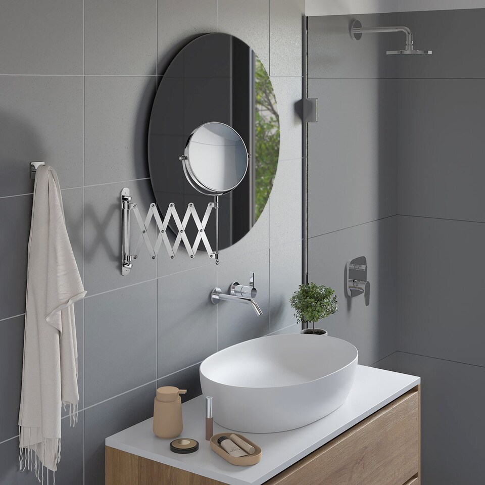 image 1 of BESLAGSBODEN Polished Chrome Double Sided Bathroom Mirror with Retractable Arm