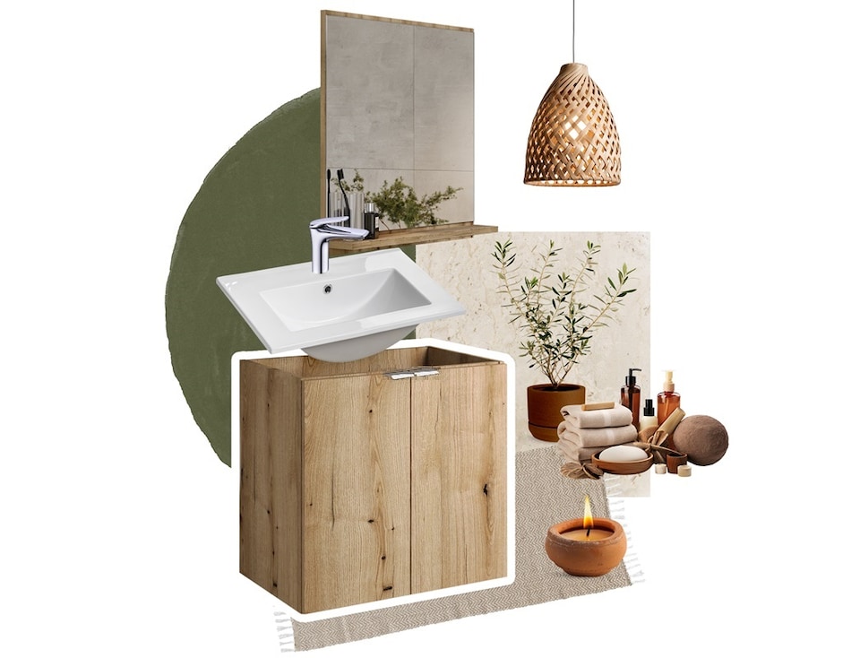 image 1 of Bathroom Vanity Unit Cabinet Wall Hung 600mm Worktop Oak Storage Sink Unit Nova