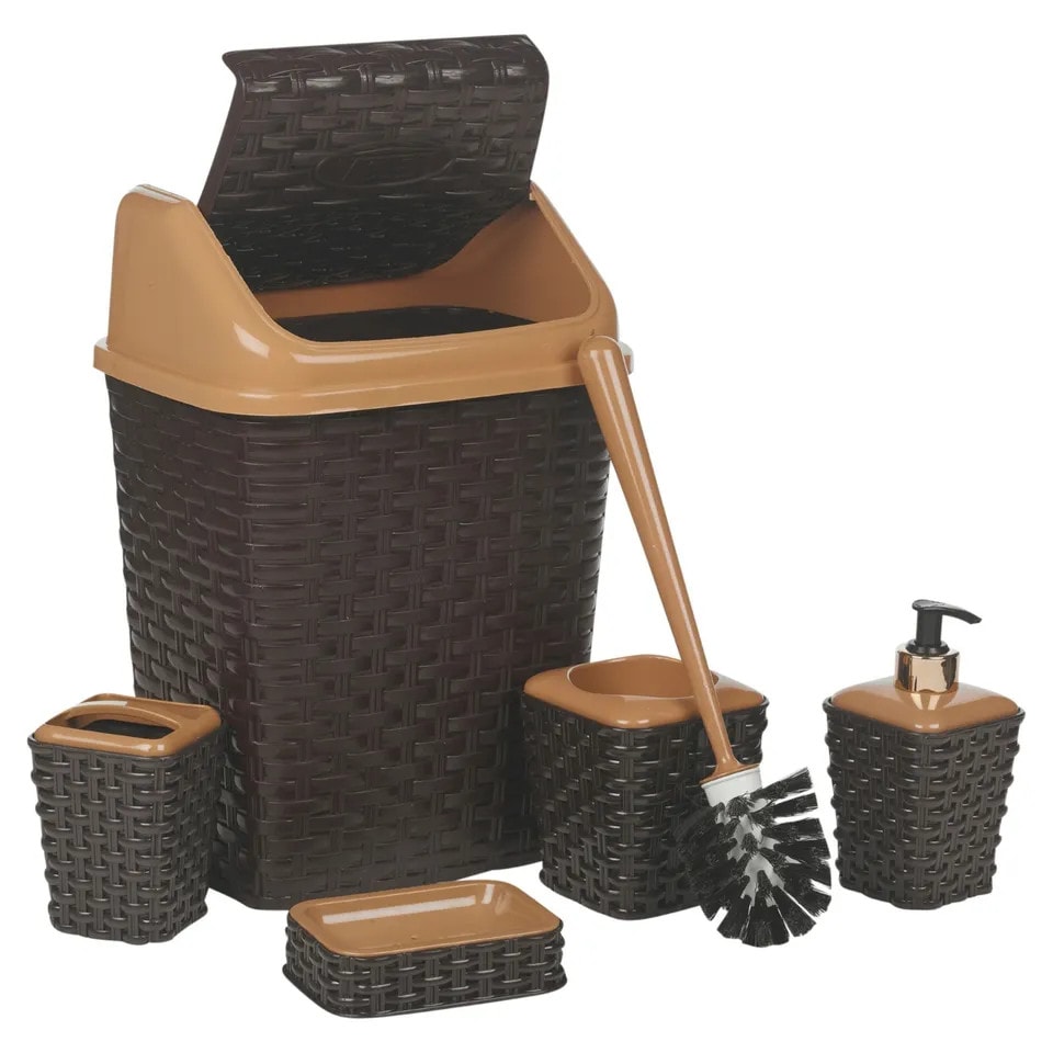 image 1 of 5-Pcs Violet Plastic Rattan Bathroom Set | Brown | 1