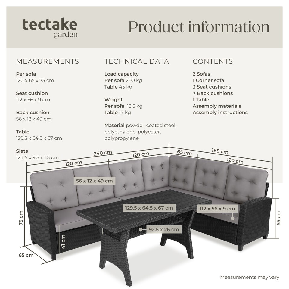 image 1 of Garden Furniture Set Catania - for 6 people, weather-resistant, thick cushions | Black | black | 120 x 65 x 73 cm | 1