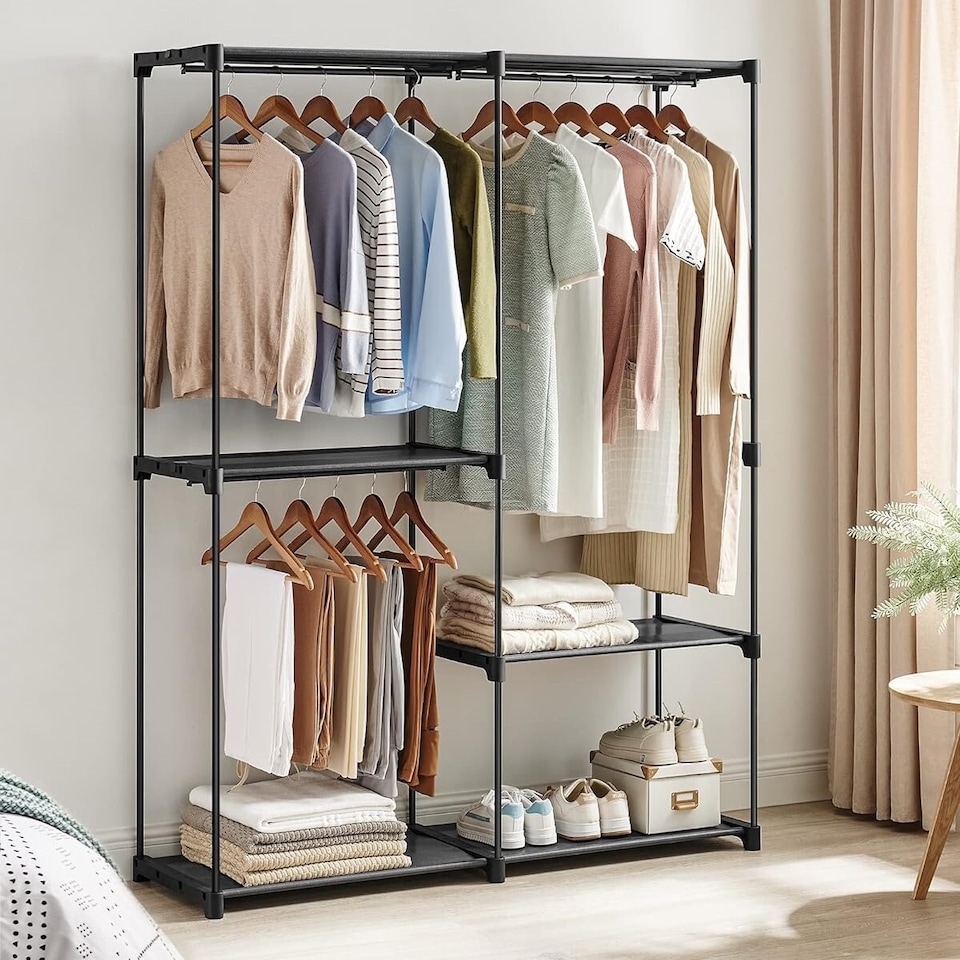 image 1 of Large Capacity Freestanding Portable Wardrobe with Shelves and Hanging Rods, Ink Black