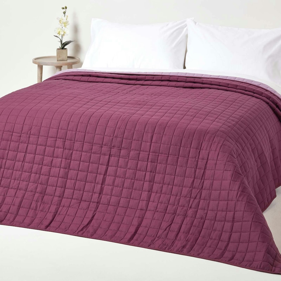 image 1 of Homescapes Cotton Quilted Reversible Bedspread Lavender Purple -150 x 200 cm