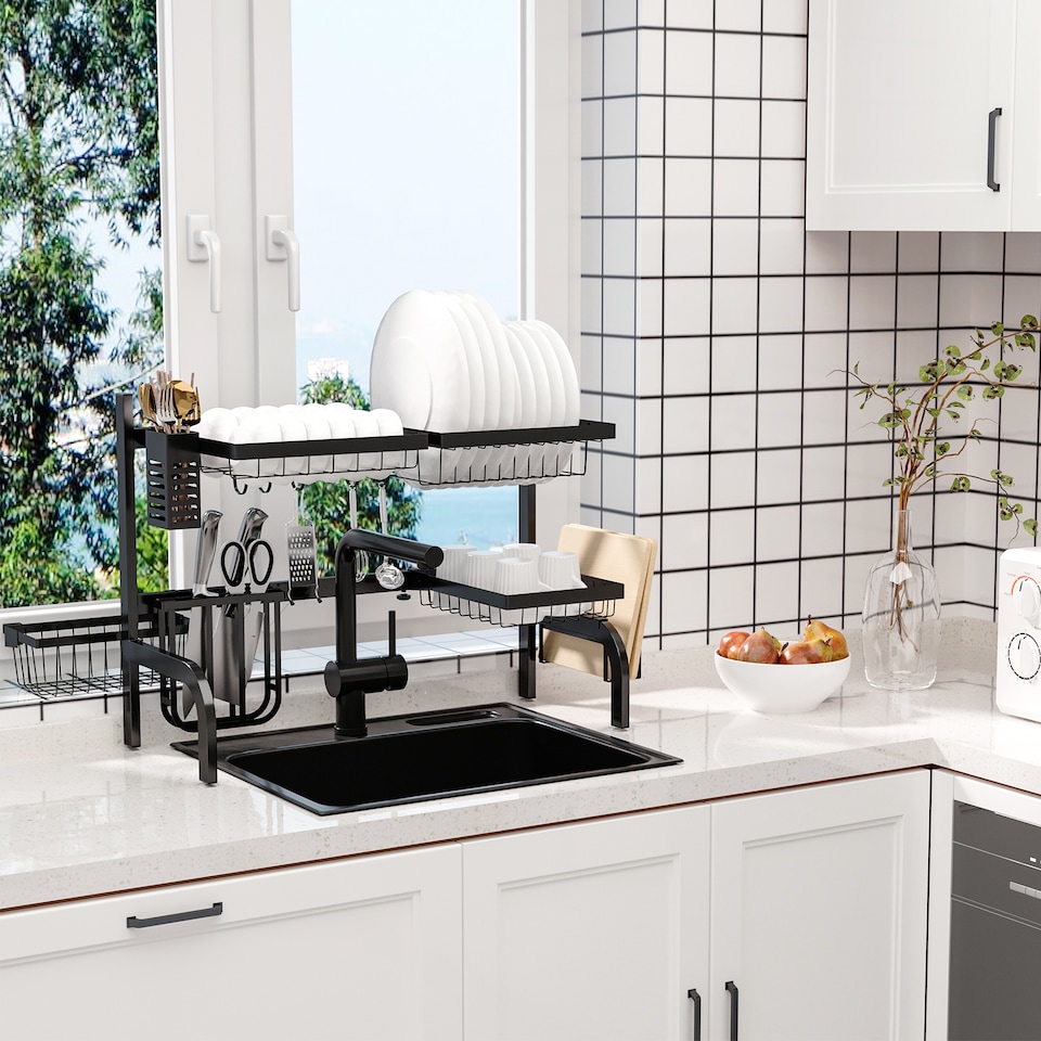 image 1 of HOMCOM Large Dish Drainer Rack Over The Sink, 2 Tier Adjustable Dish Drainer 51-93cm, Space Saving Kitchen Counter Shelf Organiser, Black