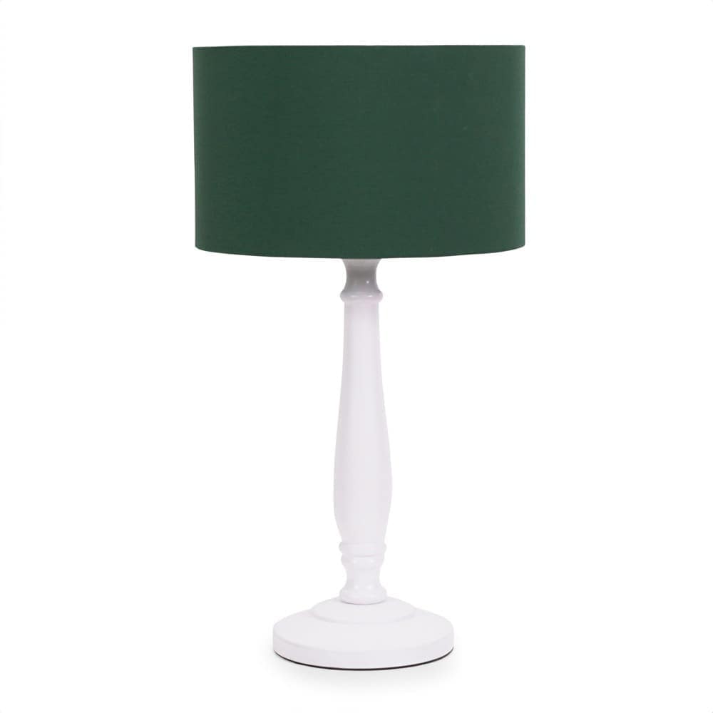 ValueLights Victoria White Wood Traditional Stem Table Lamp with Fabric Drum Shade in Green