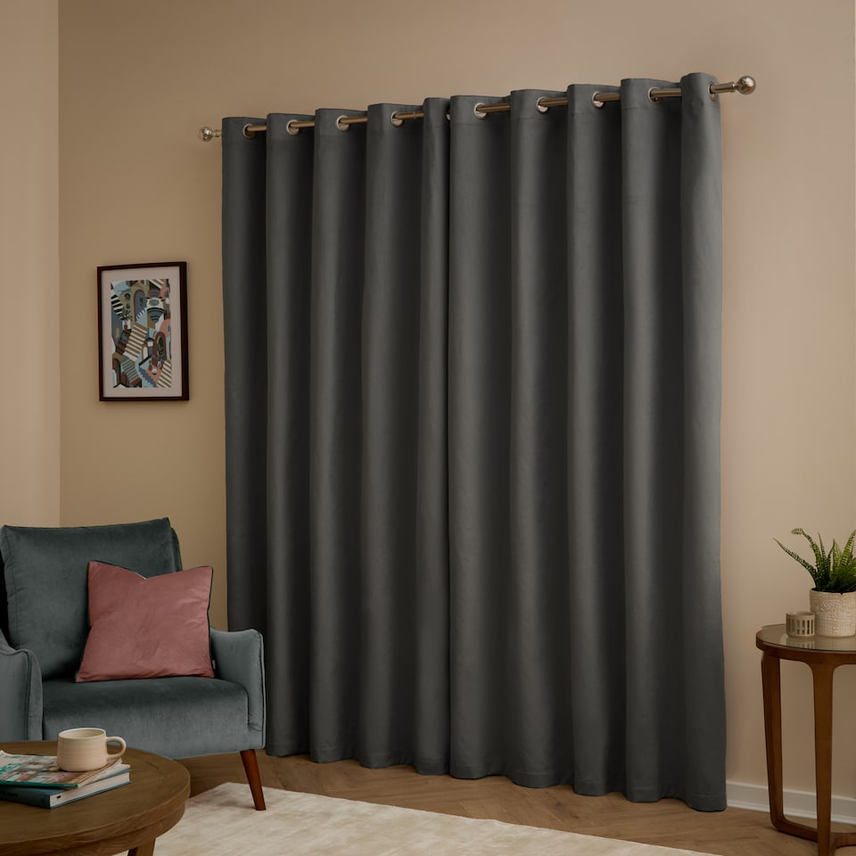 image 1 of furn. The Ultimate Velvet Blackout Eyelet Curtain Pair Charcoal (W)168cmx (D)229cm | Grey | Charcoal | One Size