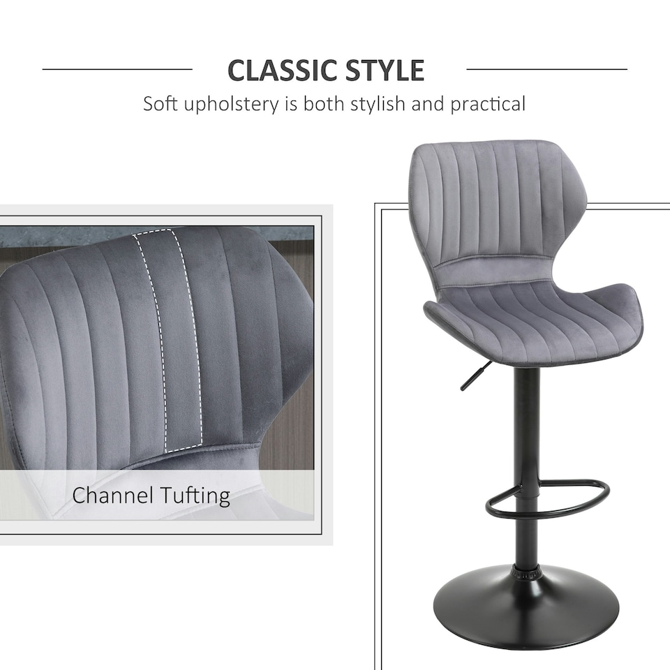 image 1 of HOMCOM Bar Stool Set of 2 Fabric Adjustable Height Swivel Counter Chairs