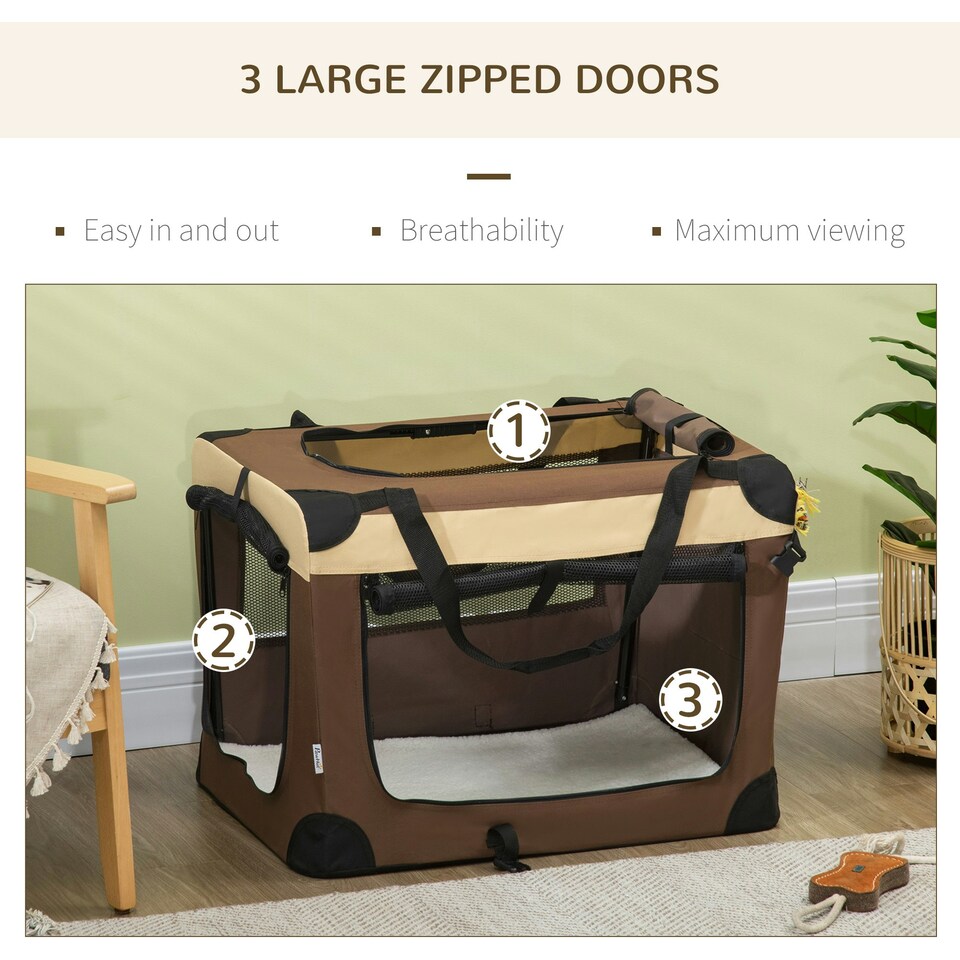 image 1 of PawHut 70cm Foldable Pet Carrier Bag Soft Travel Dog Crate for Small Dogs Brown