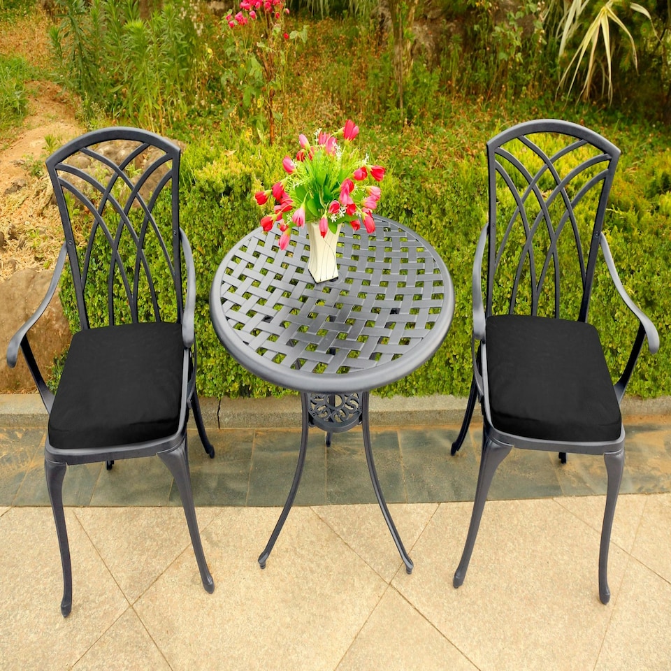 image 1 of Centurion Supports OSHOWA Luxurious Garden and Patio Table and 2 Large Chairs with Armrests Cast Aluminium Bistro Set - Grey with Black Cushions
