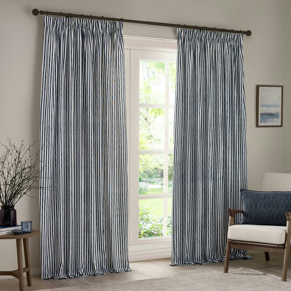image 1 of Yard Hebden Striped Cotton Navy Pencil Pleat Curtains 168 x 229cm