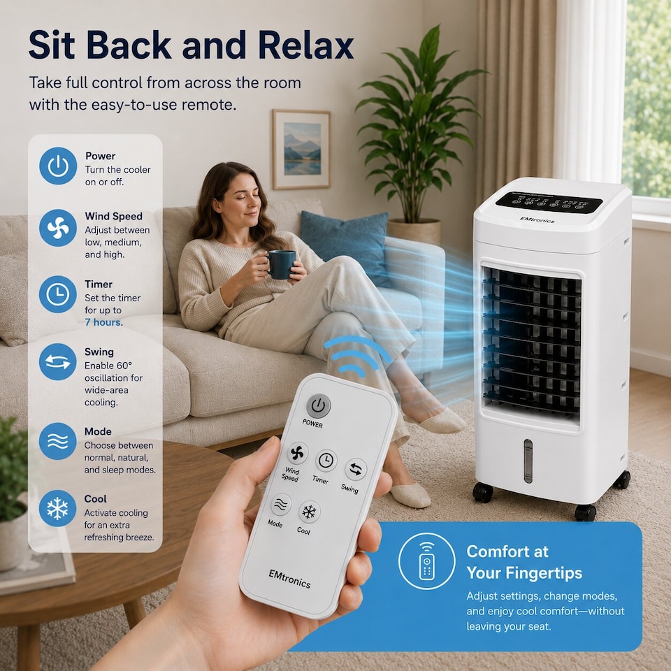 image 1 of EMtronics Portable Fan Evaporative Air Cooler Conditioner / Humidifier with Timer and 4 Litre Water Tank