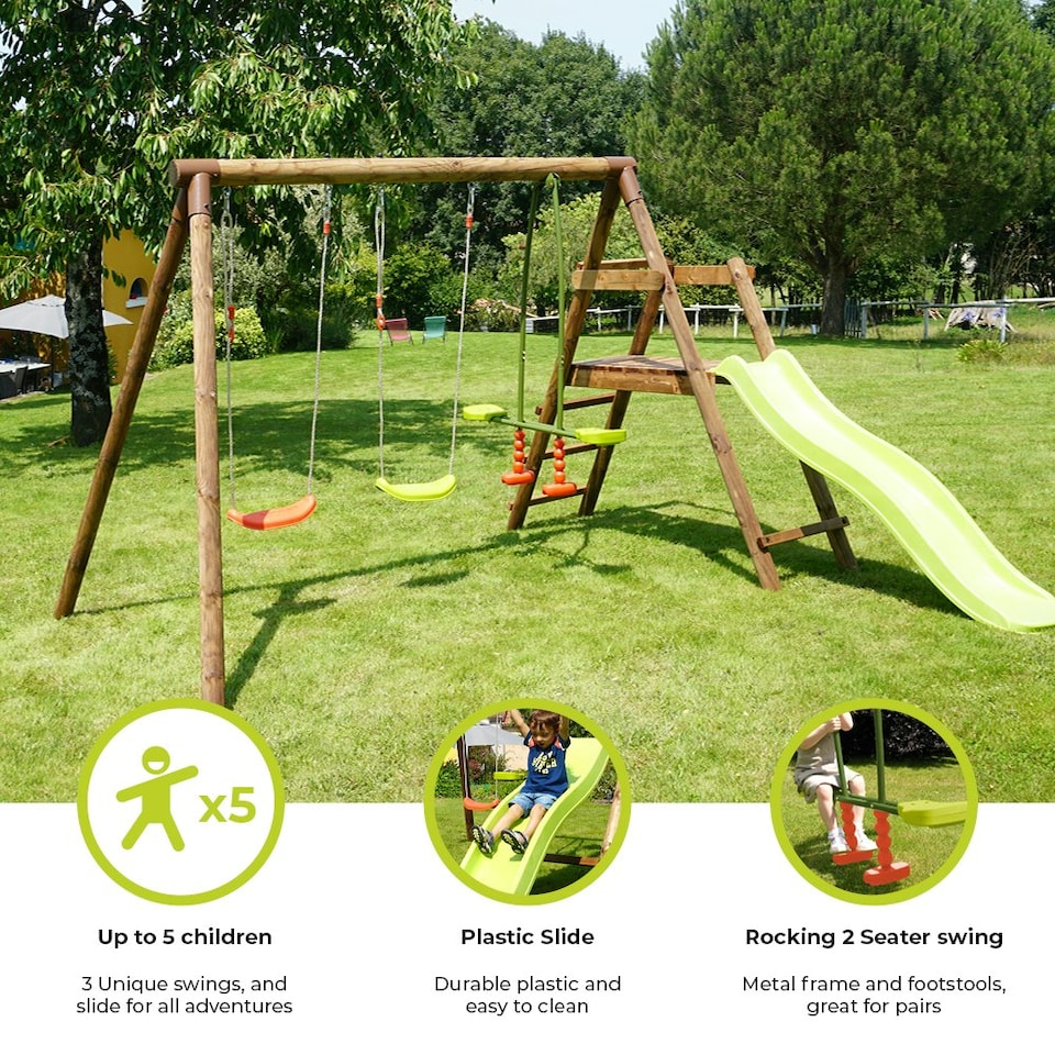 image 1 of Figue Wooden Swing Set with Slide