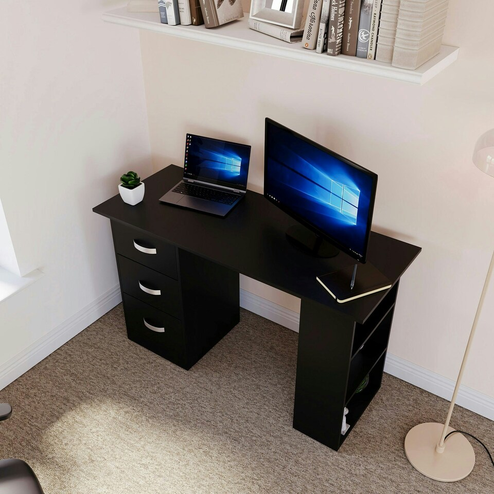 image 1 of Vida Designs Mason 3 Drawer 3 Shelf Computer Desk Home Office Workstation, Black