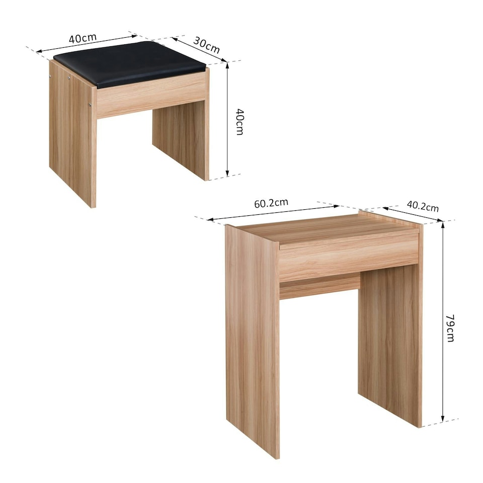 image 1 of HOMCOM Dressing Table Set Cushioned Stool Flip-up Mirror Chipboard - Wood Grain