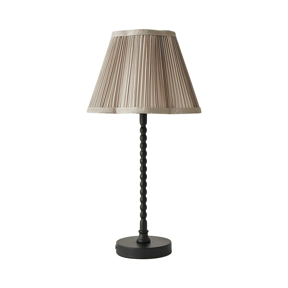image 1 of ValueLights Maeve Light Grey Pleated Faux Silk Scallop Shade Black Bobbin Bobble Table Lamp Black