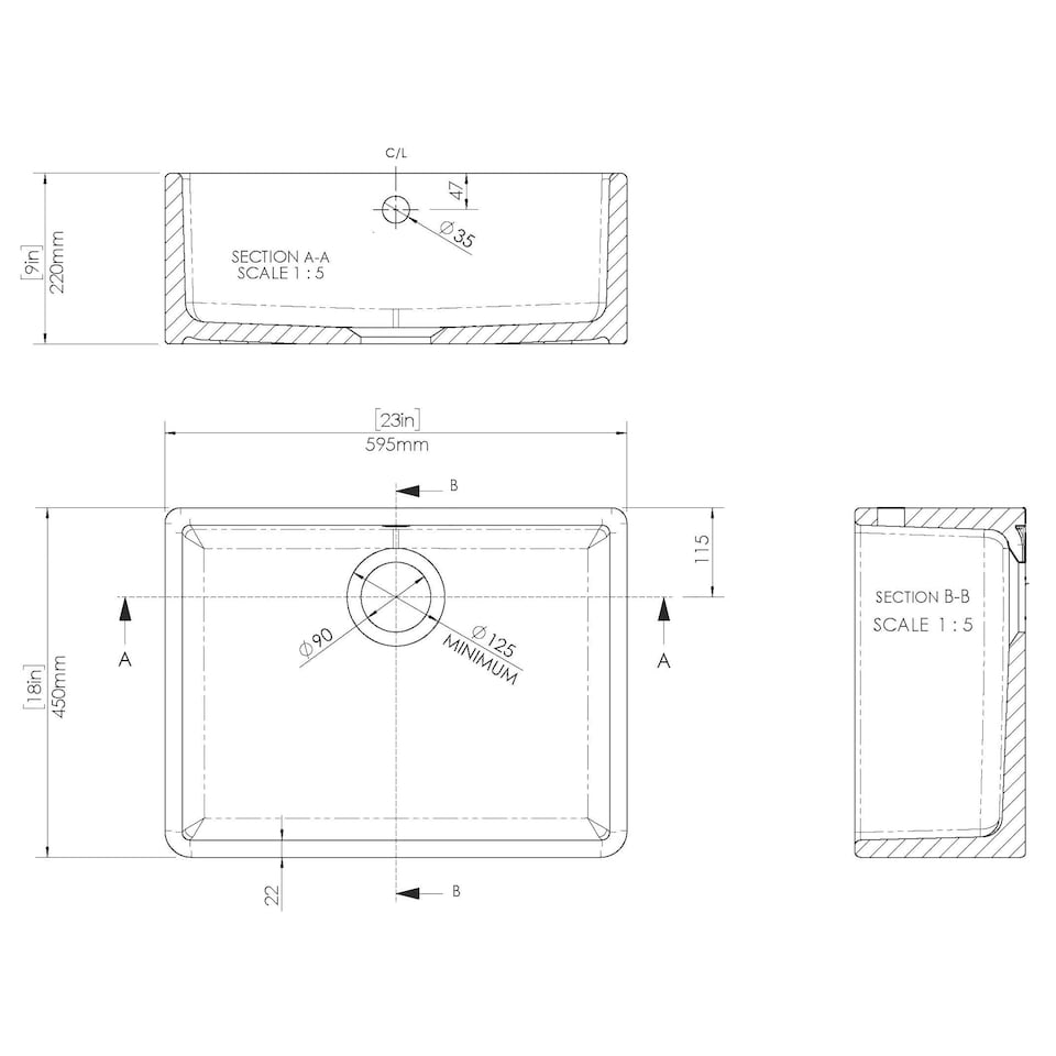 image 1 of 595mm - Single Bowl Butler Kitchen Sink - with Overflow & No Tap Hole