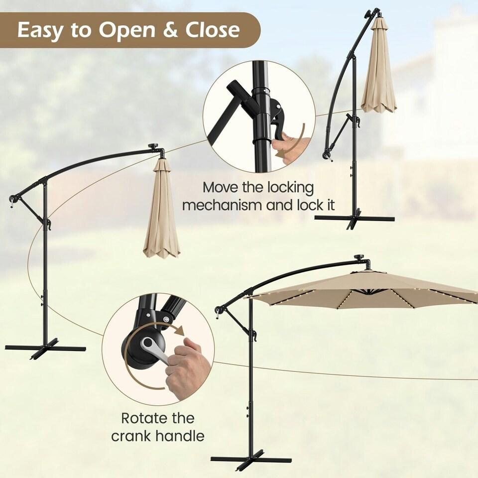 image 1 of COSTWAY 303 cm Patio Parasol Solar LED Cantilever Offset Umbrella Cream