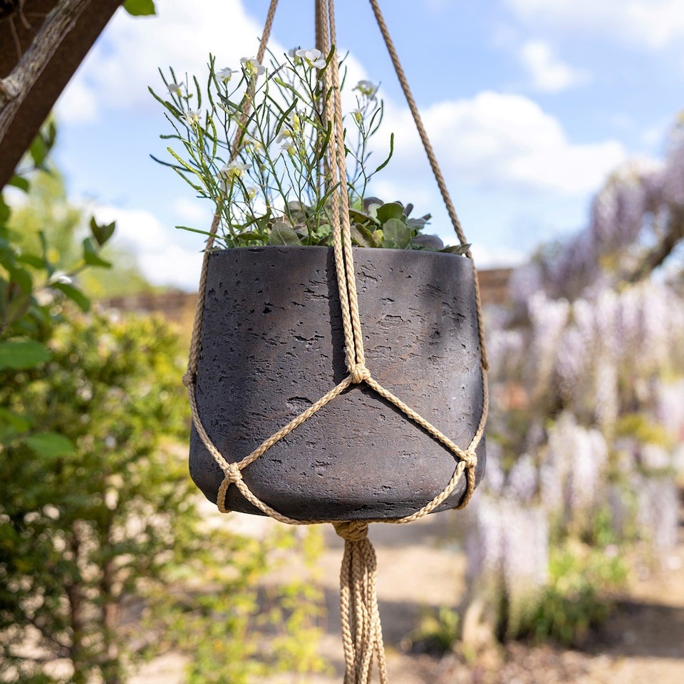 image 1 of Primrose Round Cement Wall or Ceiling Hanging Plant Pot in Brown 17cm