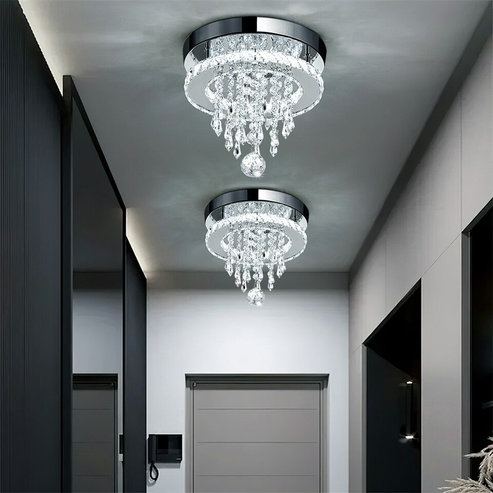 image 1 of Living and Home Modern Round Crystal Ceiling Light with Droplet Accents | Chrome