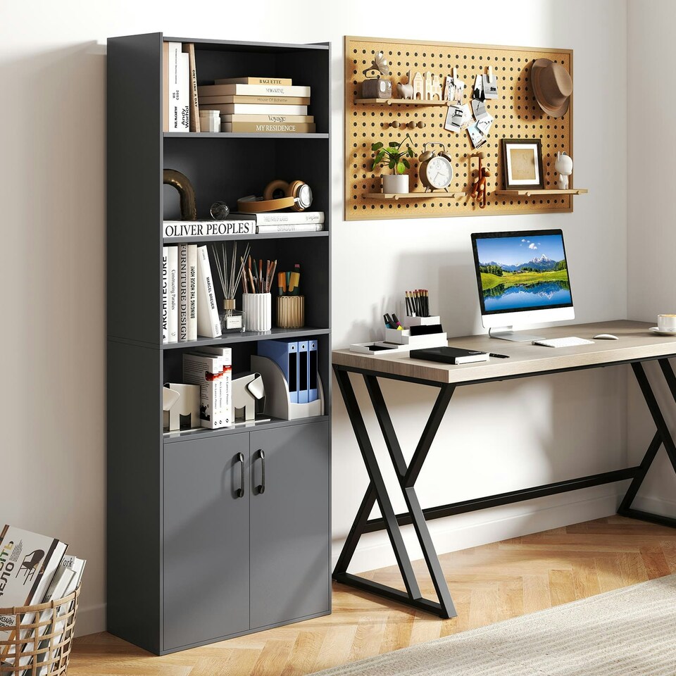 image 1 of COSTWAY 178 CM Bookcase 6-tier Modern Style Storage Grey Grey