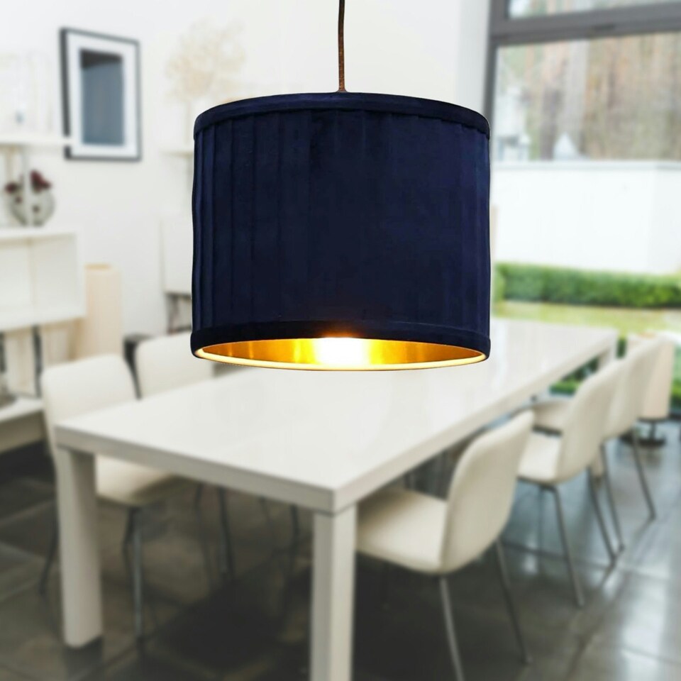 image 1 of First Choice Lighting Set of 2 Sundance Navy Blue Velvet Pleated 25cm Lamp Shades with Gold Inner Blue | Gold