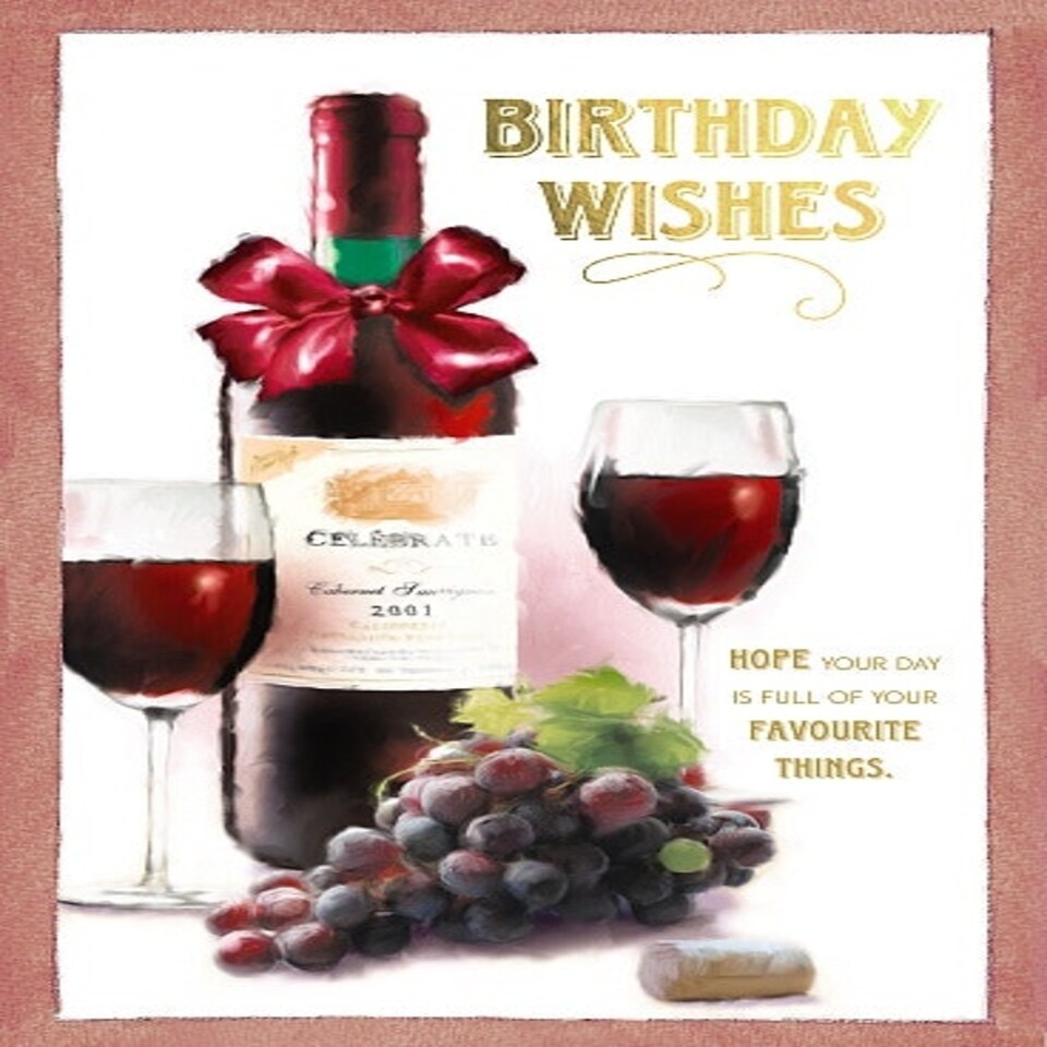 image 1 of Open Male Birthday Card Red Wine Bottle, Glass and Grapes