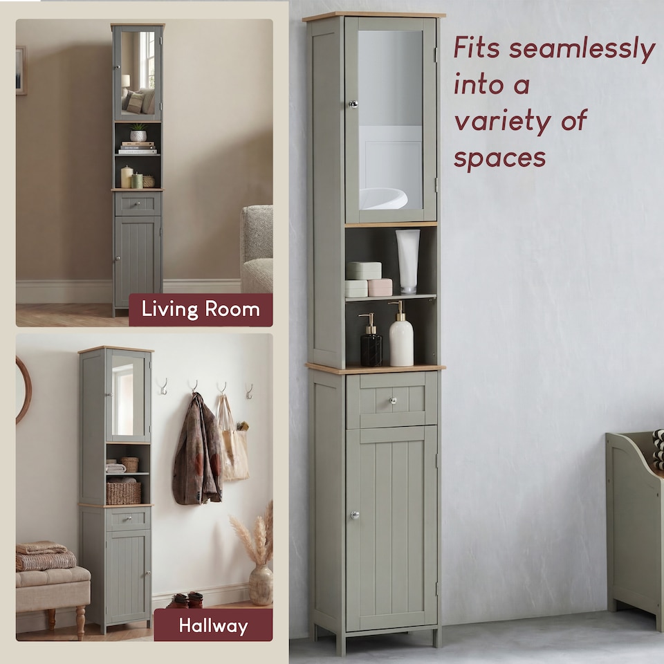 image 1 of Bath Vida Priano 2 Door Tall Bathroom Cabinet With Mirror, Grey & Oak