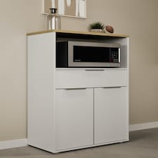 FURNICOMP Luna Tall Freestanding Kitchen Pantry Cupboard with Microwave Shelf - Matt White & Hamilton Oak