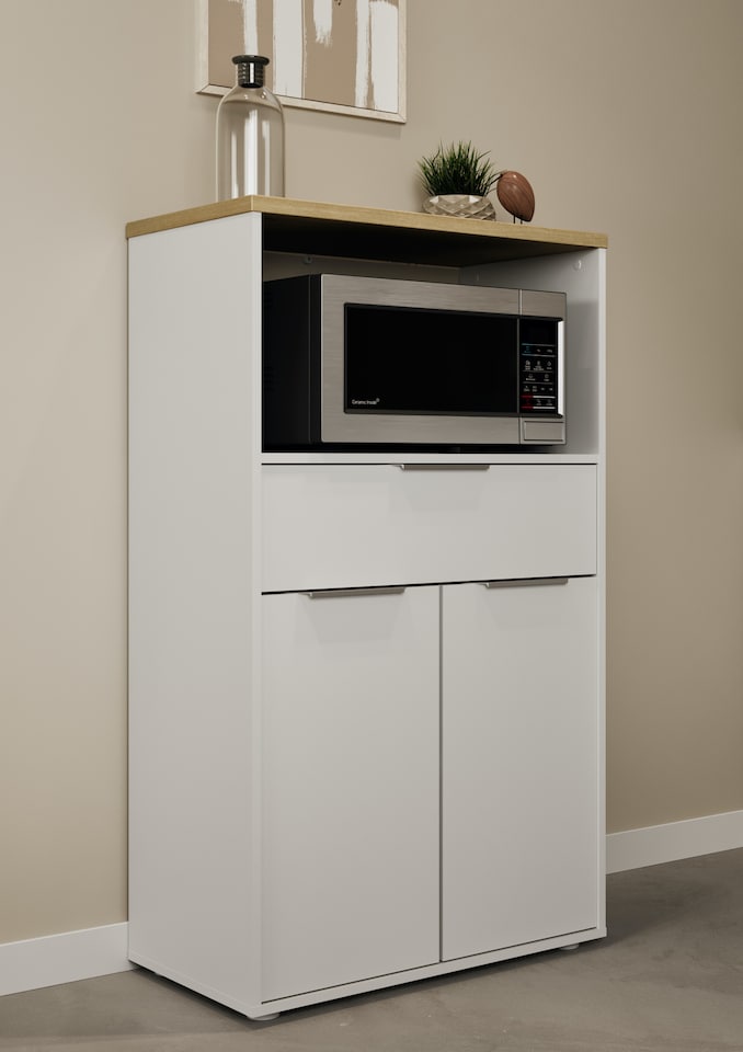 image 1 of FURNICOMP Luna Tall Freestanding Kitchen Pantry Cupboard with Microwave Shelf - Matt White & Hamilton Oak