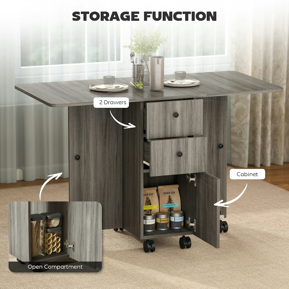 image 1 of HOMCOM Folding Dining Table, Drop Leaf Table With Storage Drawers Grey